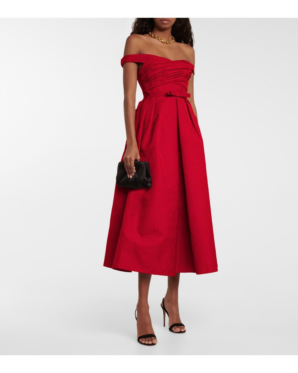 knee length dresses for ladies Red Ribbed Crossover Off Shoulder Midi Dress – PinkBlush main image 0