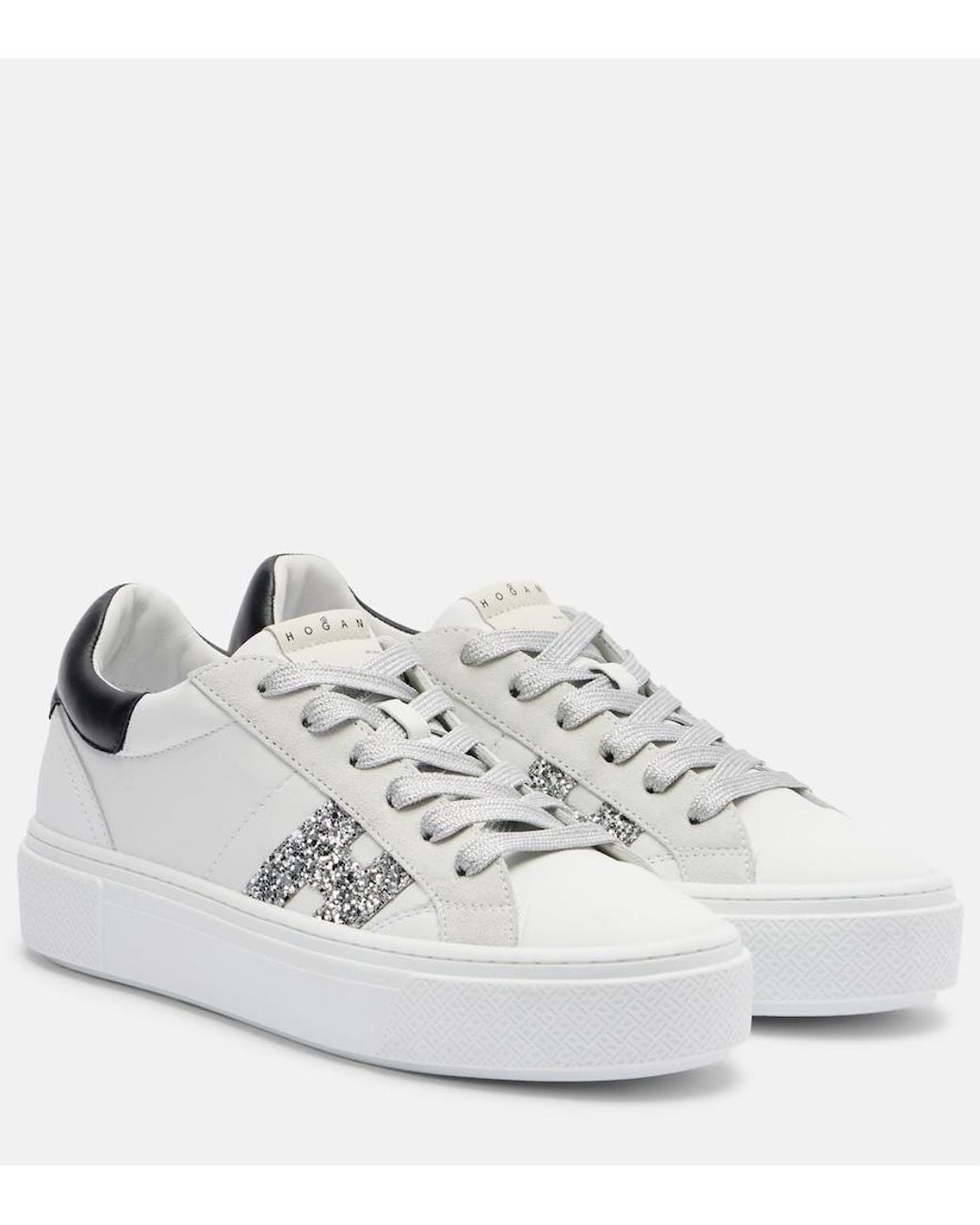 Hogan White H705 Allacciato H Glitter Leather Platform Sneakers
