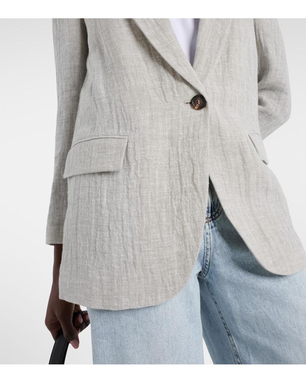 Brunello Cucinelli Gray Oversized V-Neck Linen-Blend Blazer