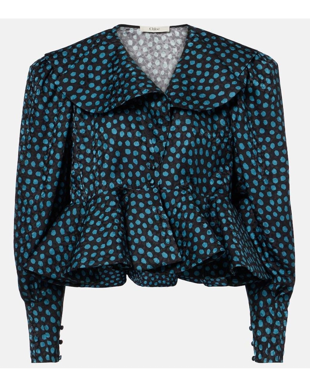 Chloé Blue Polka-Dot Peplum Silk Jacquard Blouse