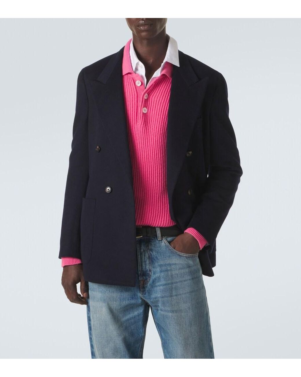 Umit Benan Blue William Double-Breasted Cashmere Blazer for men