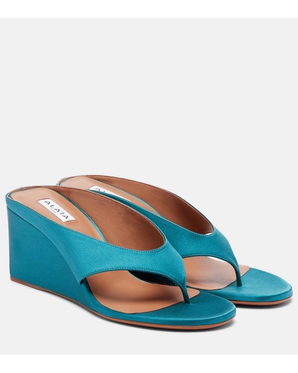 Alaïa Blue Cube Satin Wedge Thong Sandals