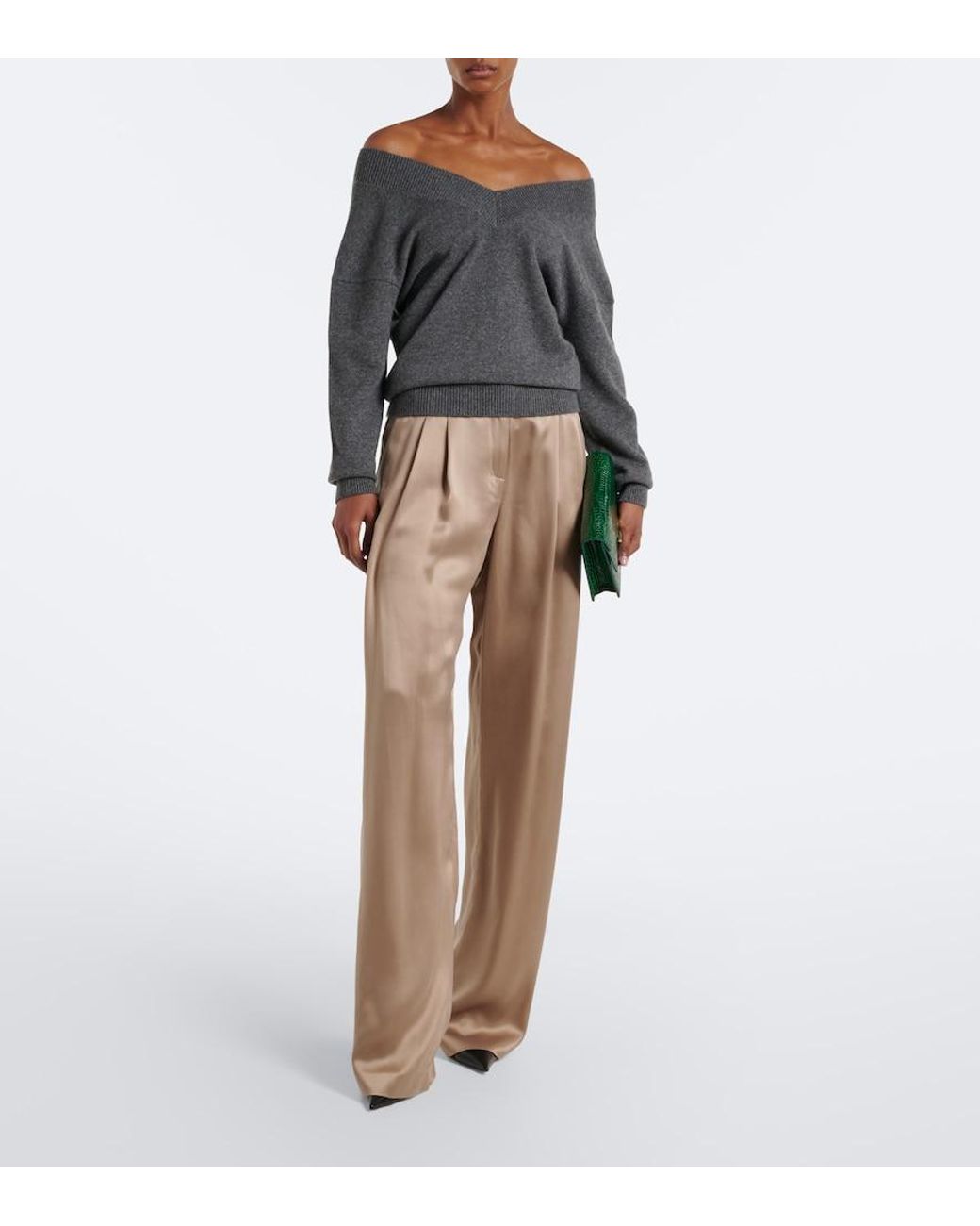 Tom Ford Natural Pleated Silk Wide-Leg Pants