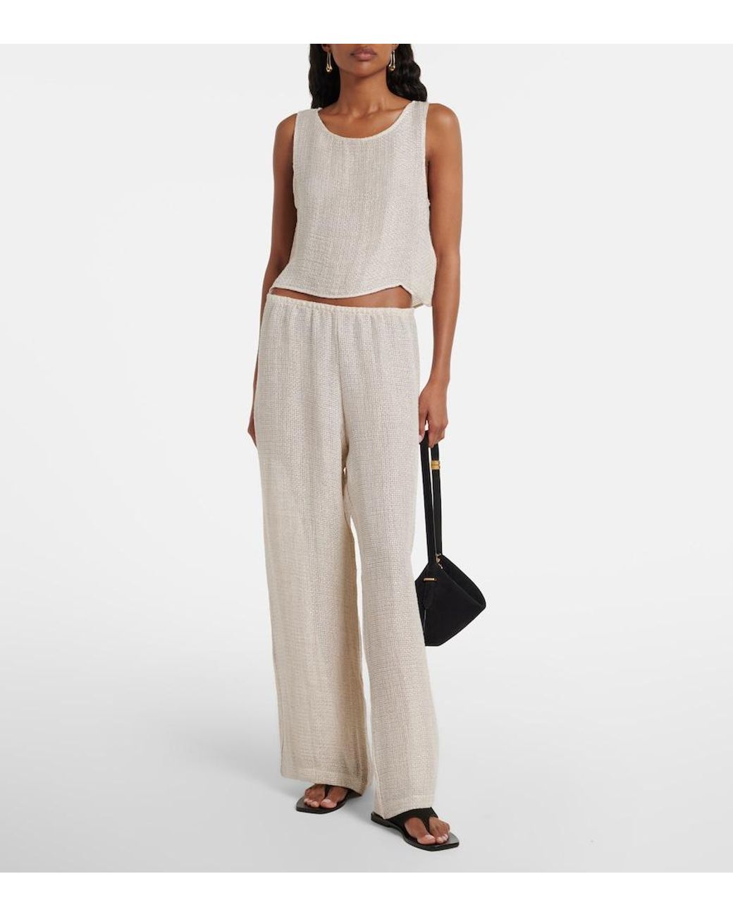 Leset Natural Stella Sequined Linen-Blend Wide-Leg Pants