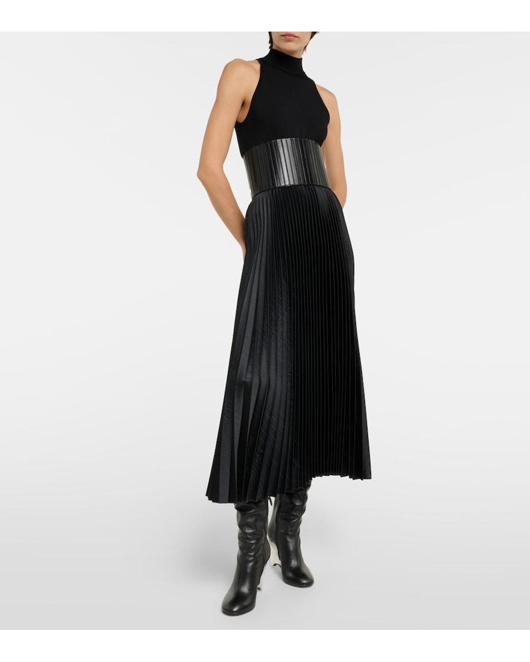 Alaïa Black Pleated Croc-Effect Satin Midi Skirt