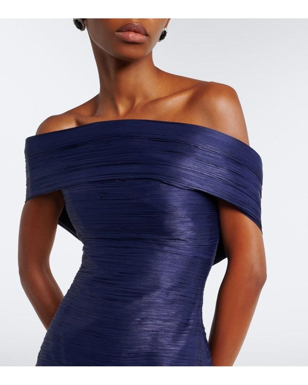 Marmar Halim Blue Pleated Off-Shoulder Gown