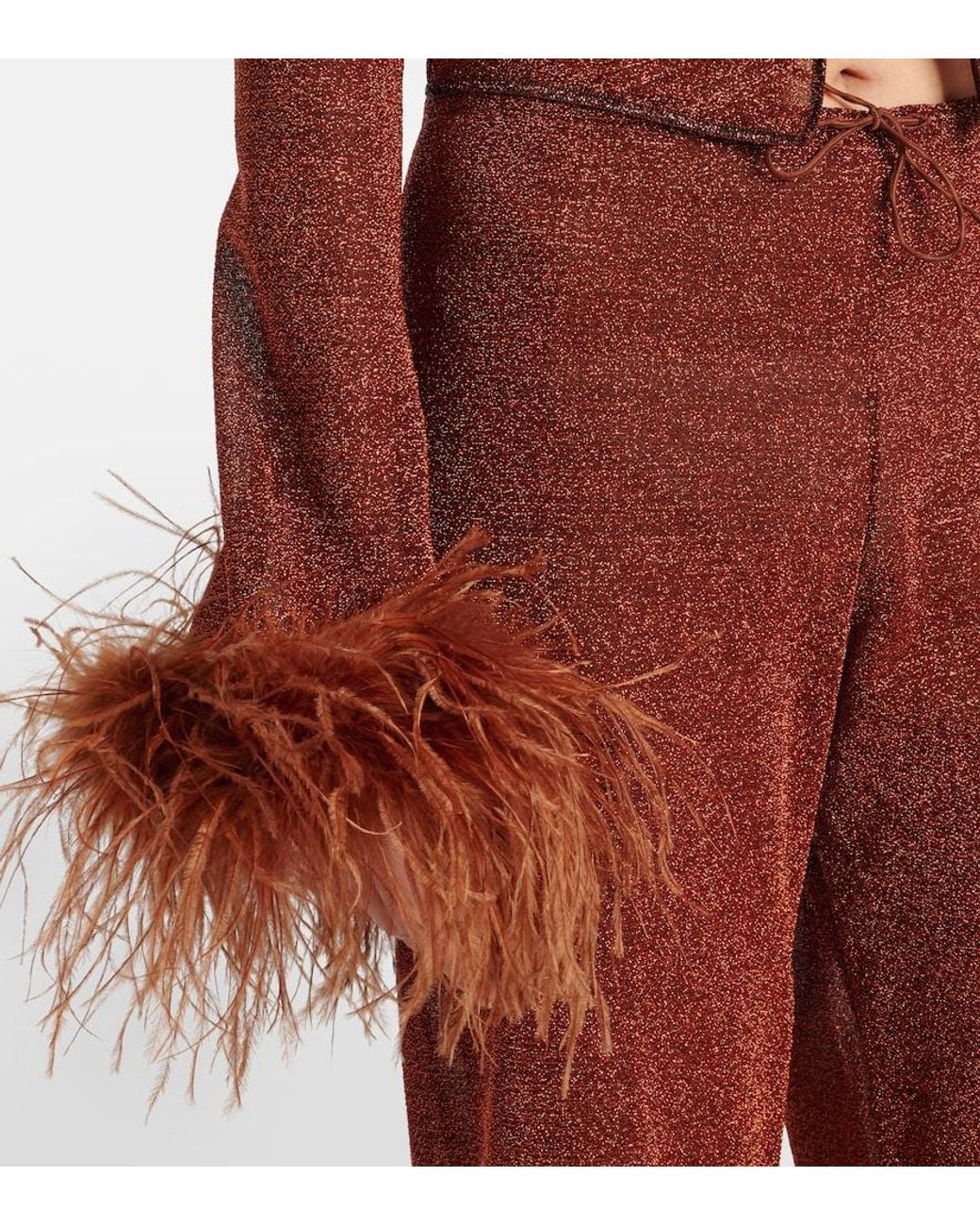 Oseree Brown Lumiere Plumage Feather-Trimmed Blouse