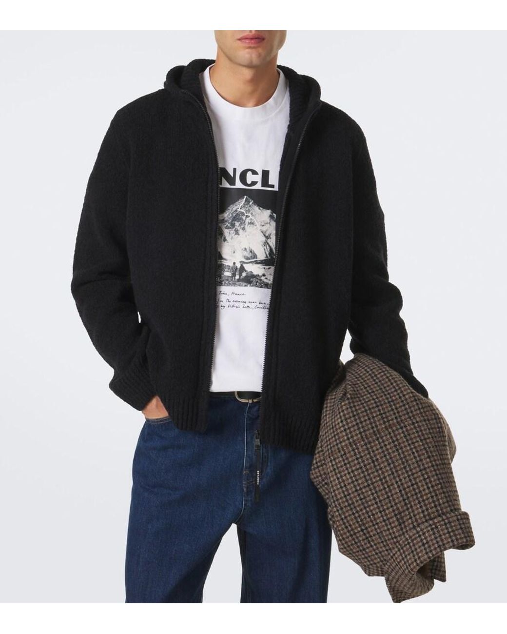 Moncler Black Wool-Blend Boucle Zip-Up Hoodie for men