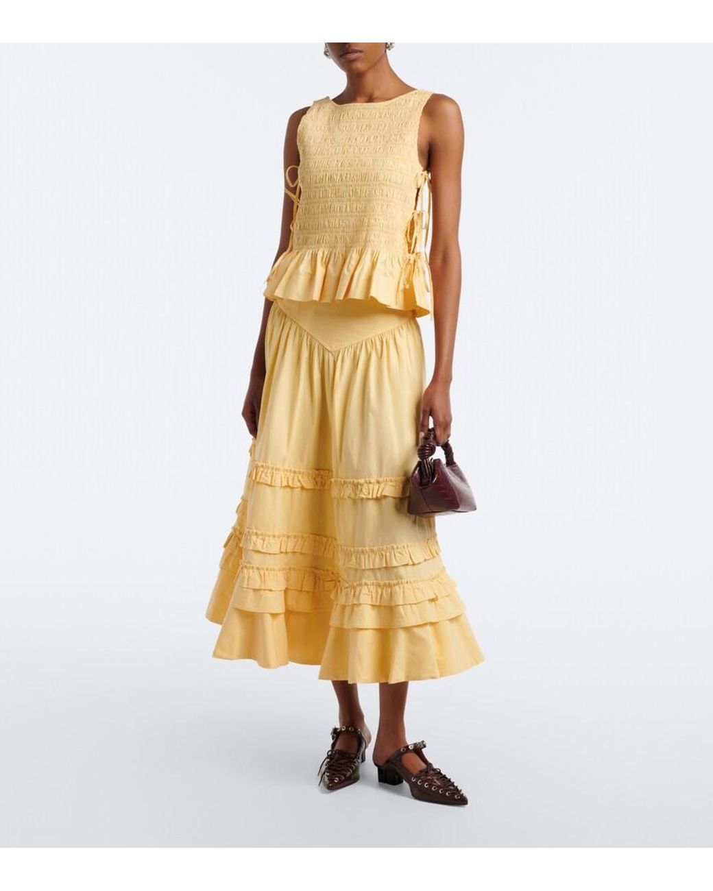 Ganni Yellow Ruffled Shirred Tiered Cotton-Blend Midi Skirt