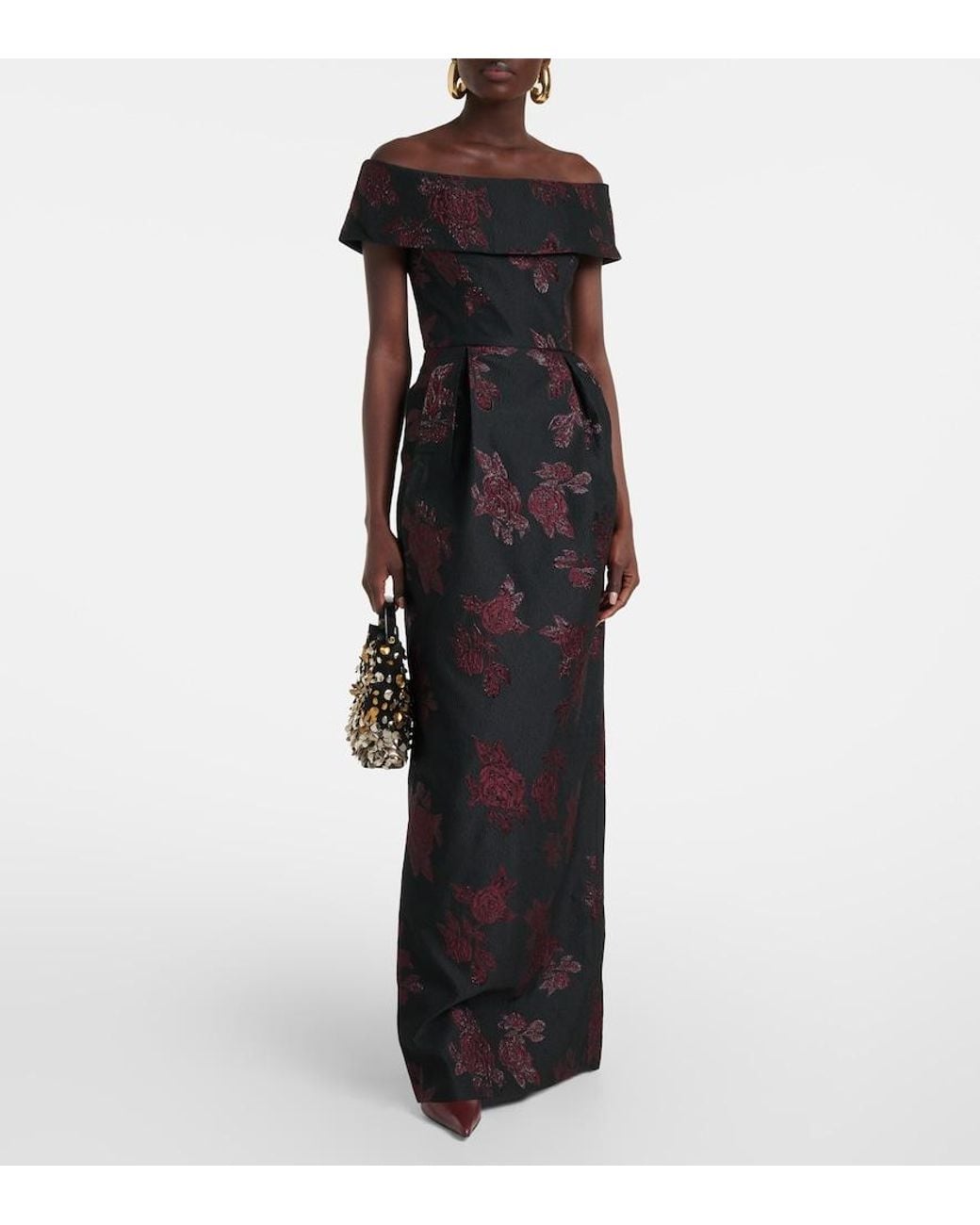 Rebecca Vallance Black Florentina Off-Shoulder Floral Gown