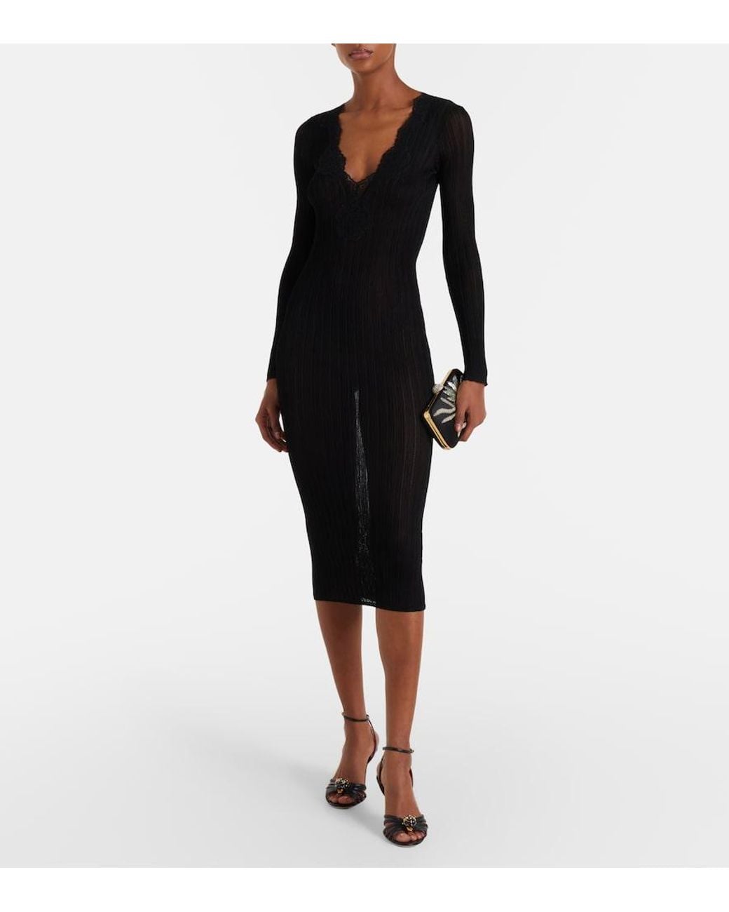 Valentino Garavani Black Ribbed-Knit Midi Dress