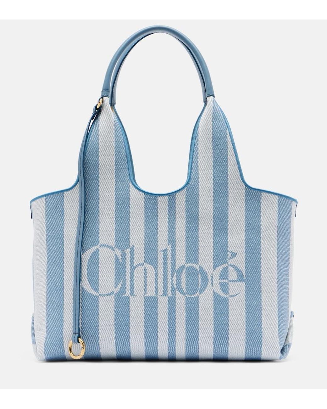 Chloé Blue Stripy Large Logo Canvas Tote Bag
