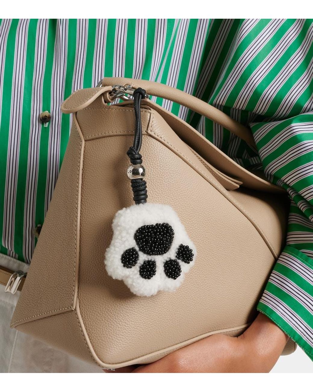 Loewe White Paw Shearling And Leather Bag Charm