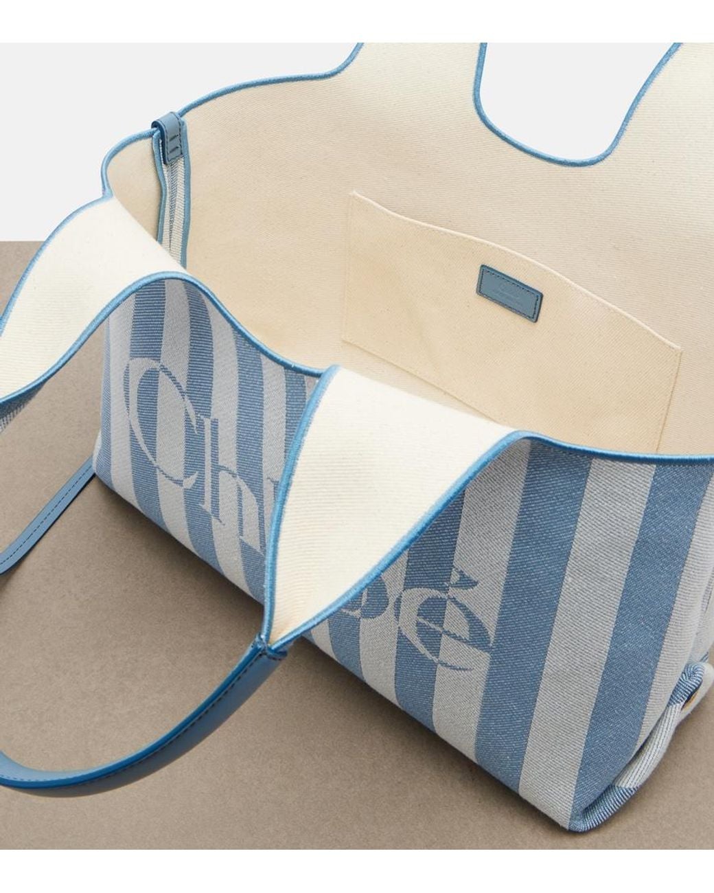 Chloé Blue Stripy Large Logo Canvas Tote Bag