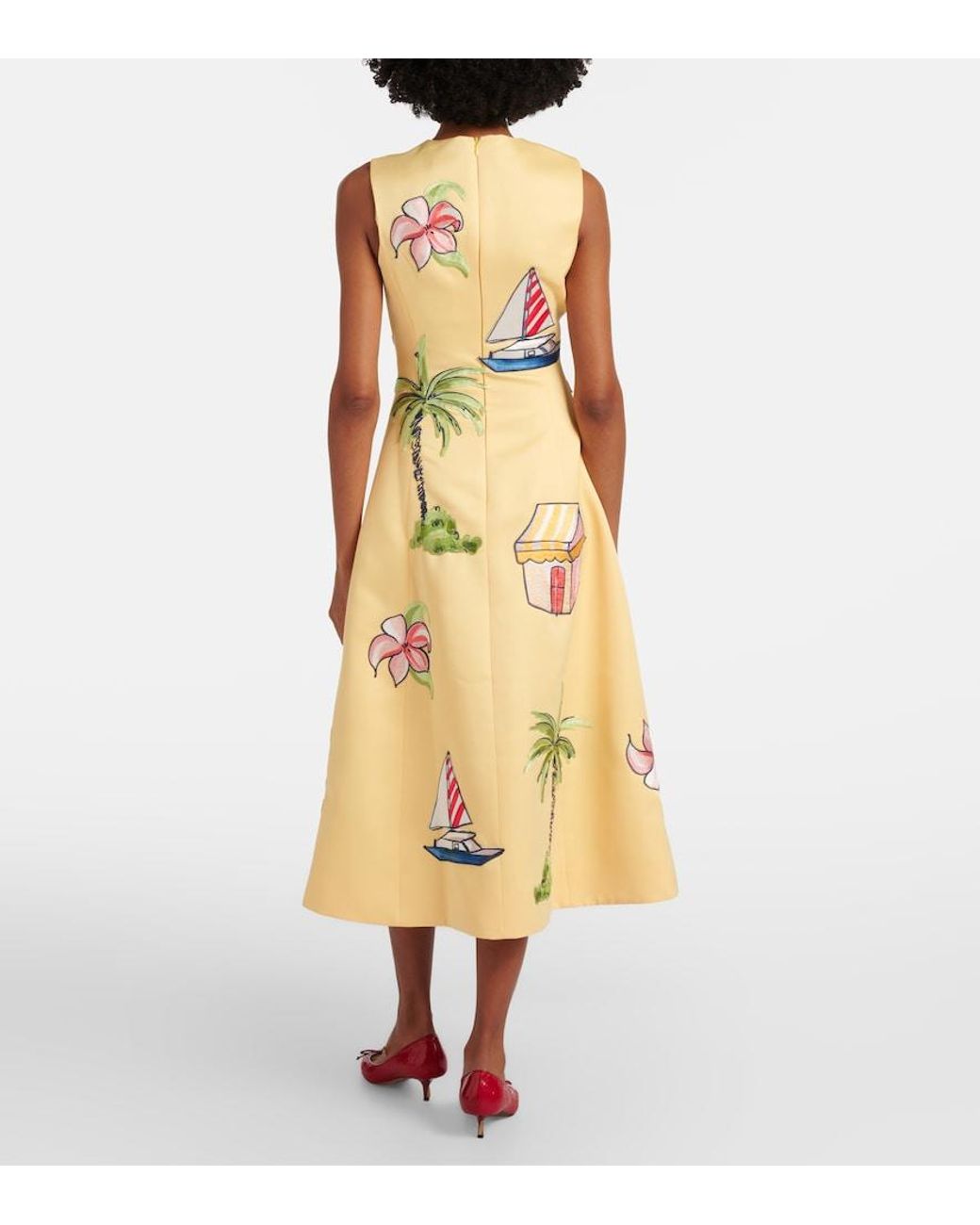 LEO LIN Yellow Beaded Patch-Applique Midi Dress