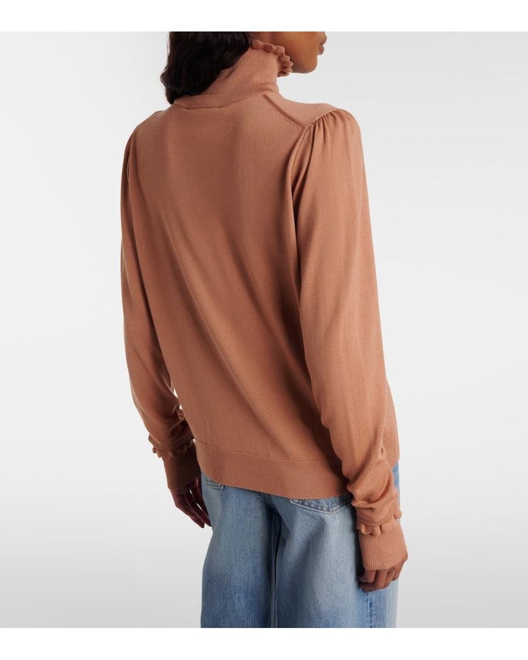 Chloé Brown Ruffled Wool Turtleneck Sweater
