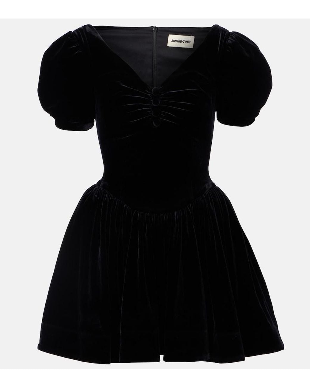 ShuShu/Tong Black Puff-Sleeve Velvet Minidress
