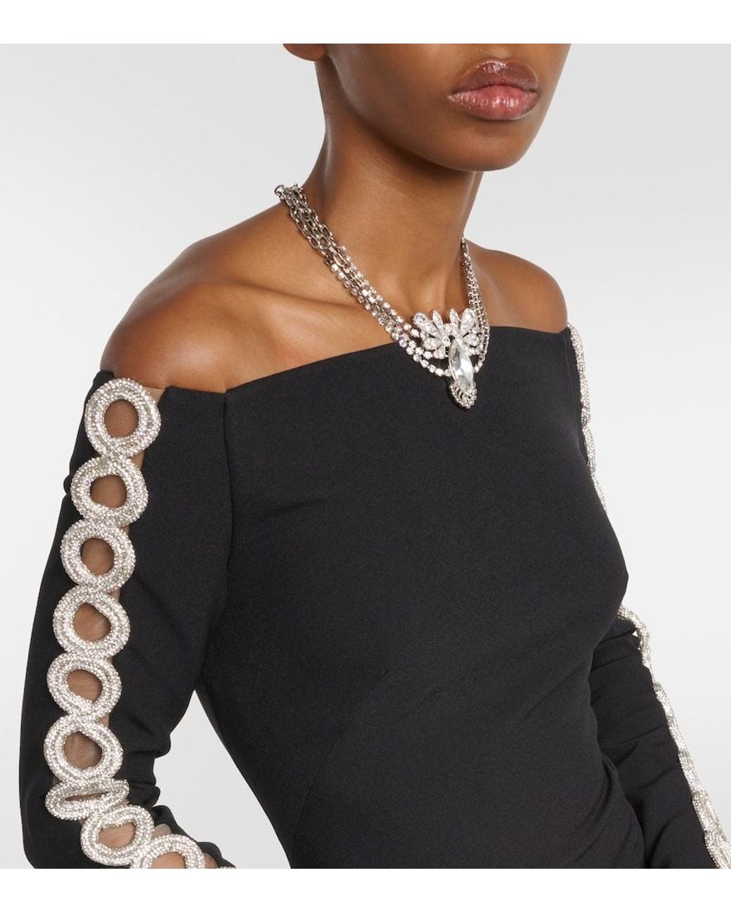 Safiyaa Black Maimie Crystal-Embellished Crepe Gown