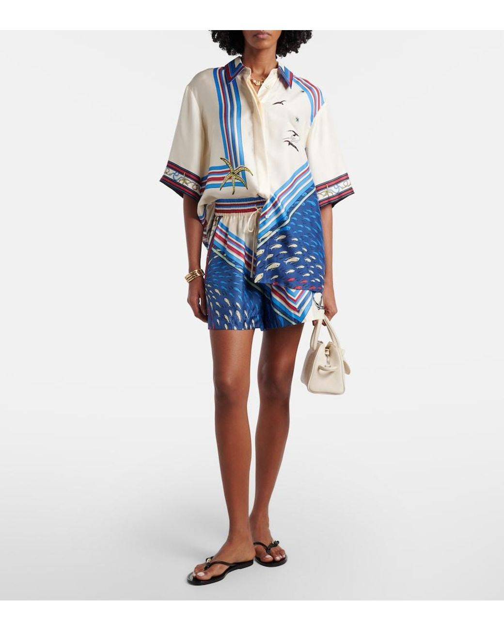 ALÉMAIS Blue Apollo Printed Silk Satin Shorts