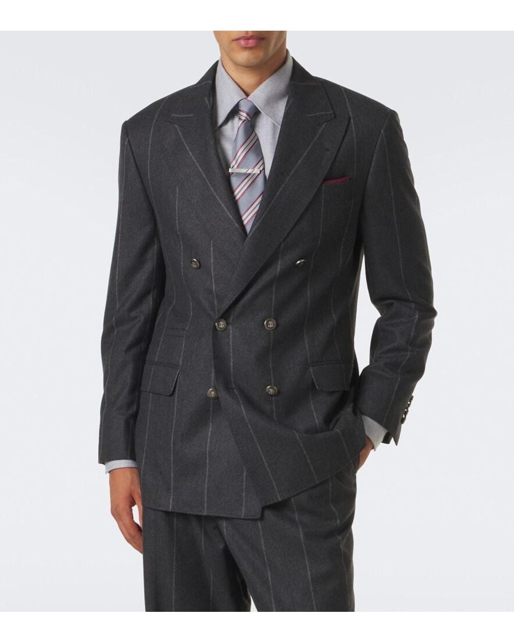 Brunello Cucinelli Black Chalk Stripe Wool, Silk, And Cashmere Suit for men