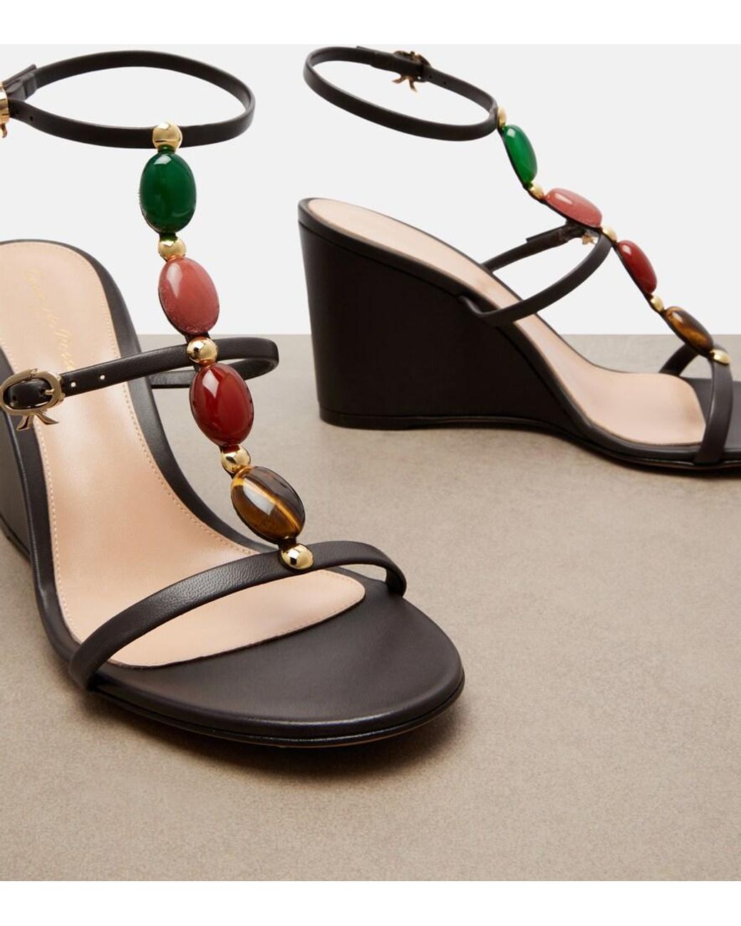 Gianvito Rossi Black Embellished Leather Wedge Sandals