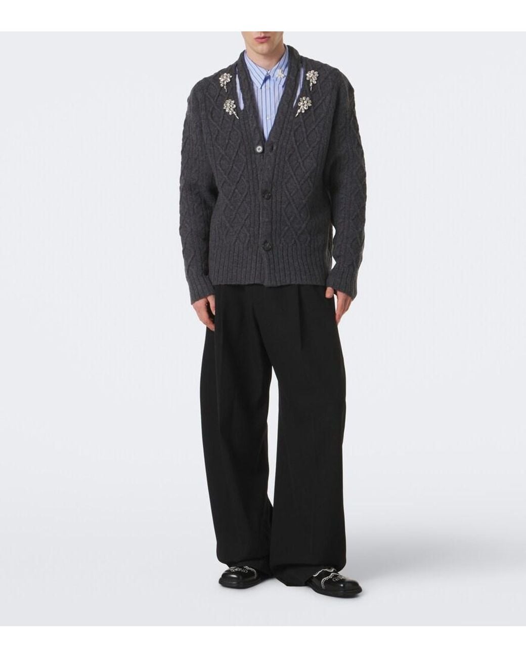 Simone Rocha Gray Cable-Knit Embellished Virgin Wool Cardigan for men