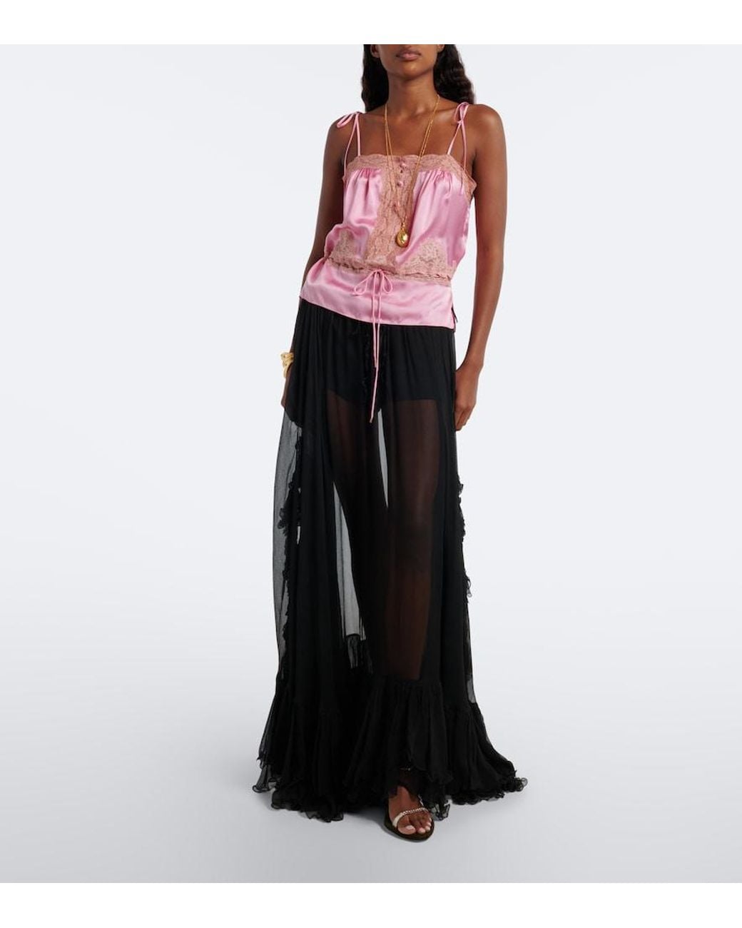 Chloé Pink Lace-Trimmed Silk Satin Top