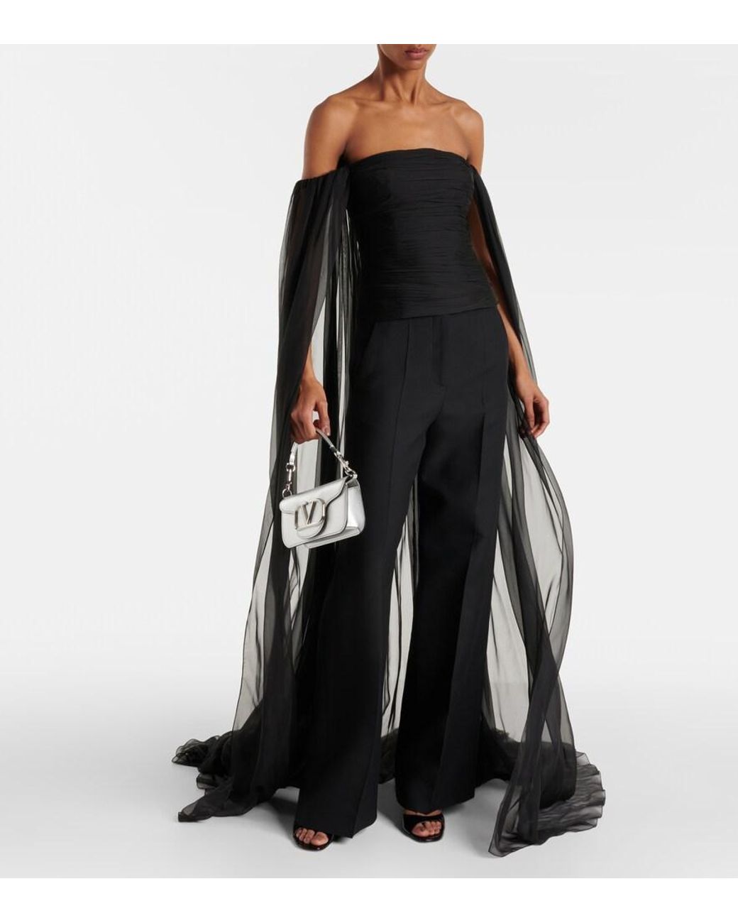 Valentino Garavani Black Caped Off-Shoulder Silk Chiffon Top