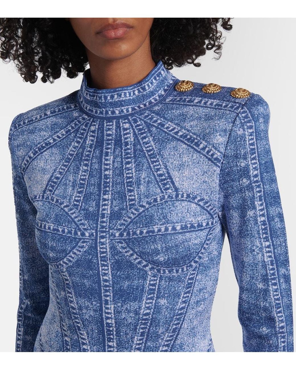 Balmain Blue Jacquard Denim-Effect Mini Dress
