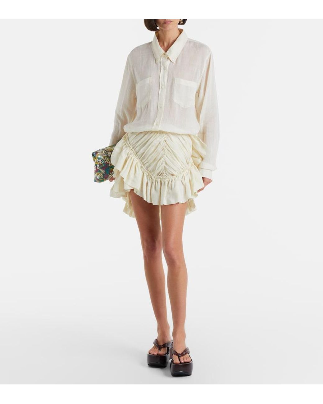 Dries Van Noten Natural Ruffled Ramie Midi Skirt