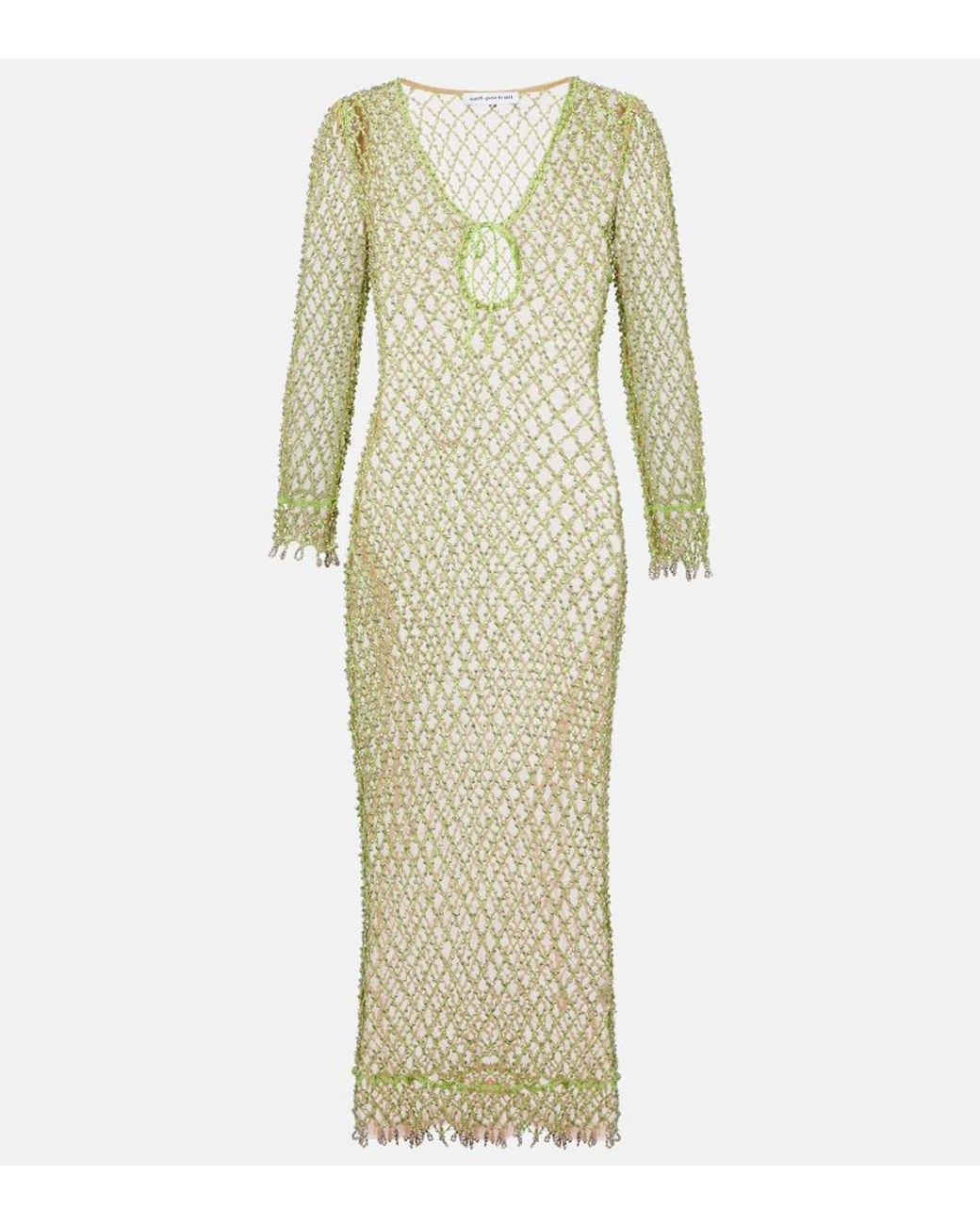 Self-Portrait Yellow Beaded Fishnet Maxi Dress