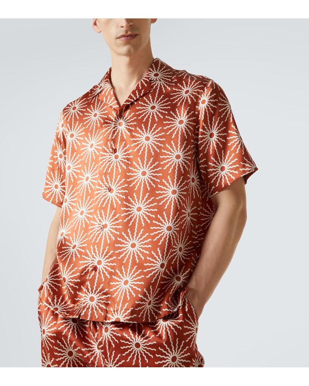 Frescobol Carioca Red Roberto Printed Silk Bowling Shirt for men