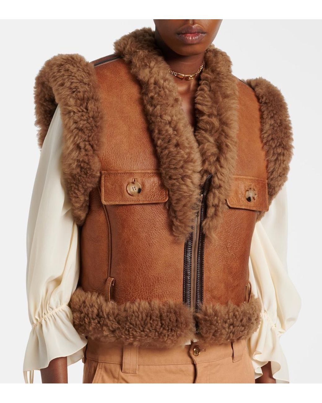 Chloé Brown Shearling-Trimmed Leather Vest