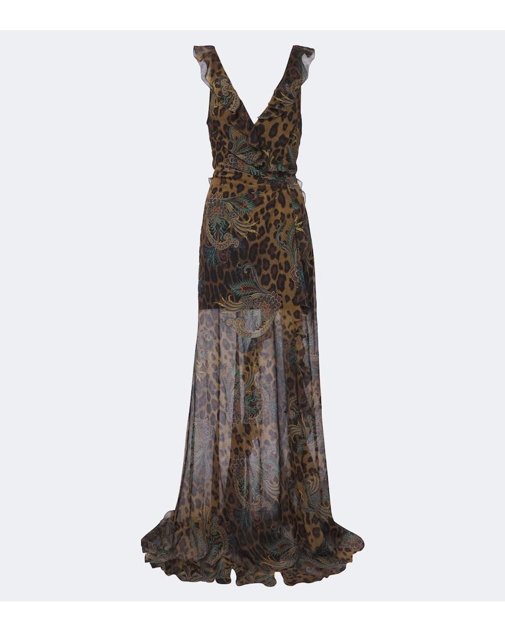Etro Brown Printed Ruffled Seersucker Gown