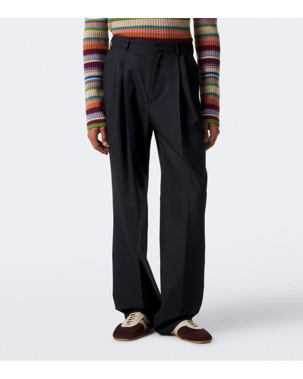 Dries Van Noten Blue Herringbone Pleated Wool Wide-Leg Pants for men