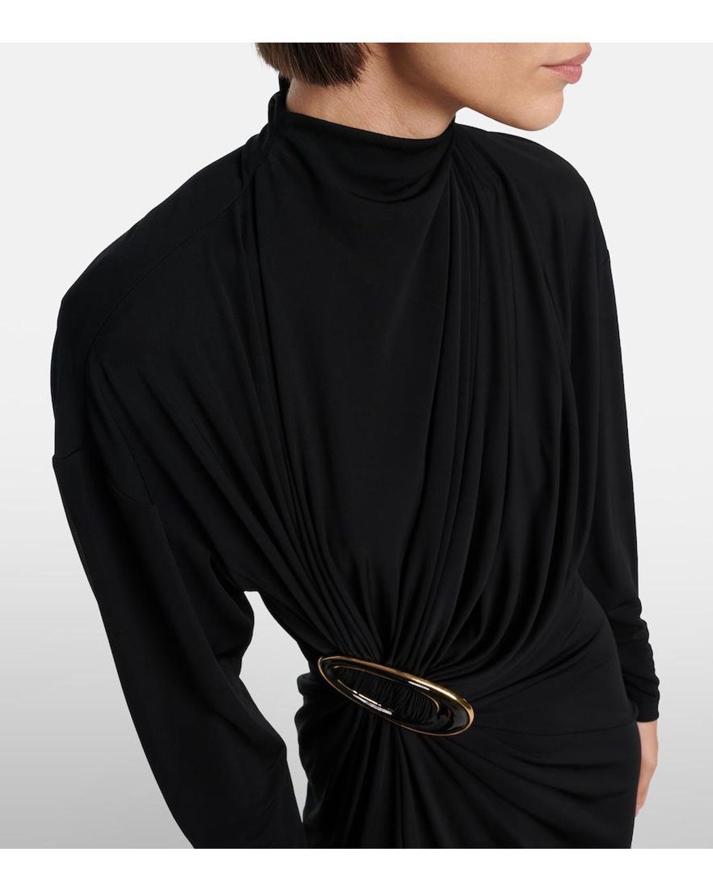 Bottega Veneta Black Gathered Crepe Jersey Midi Dress