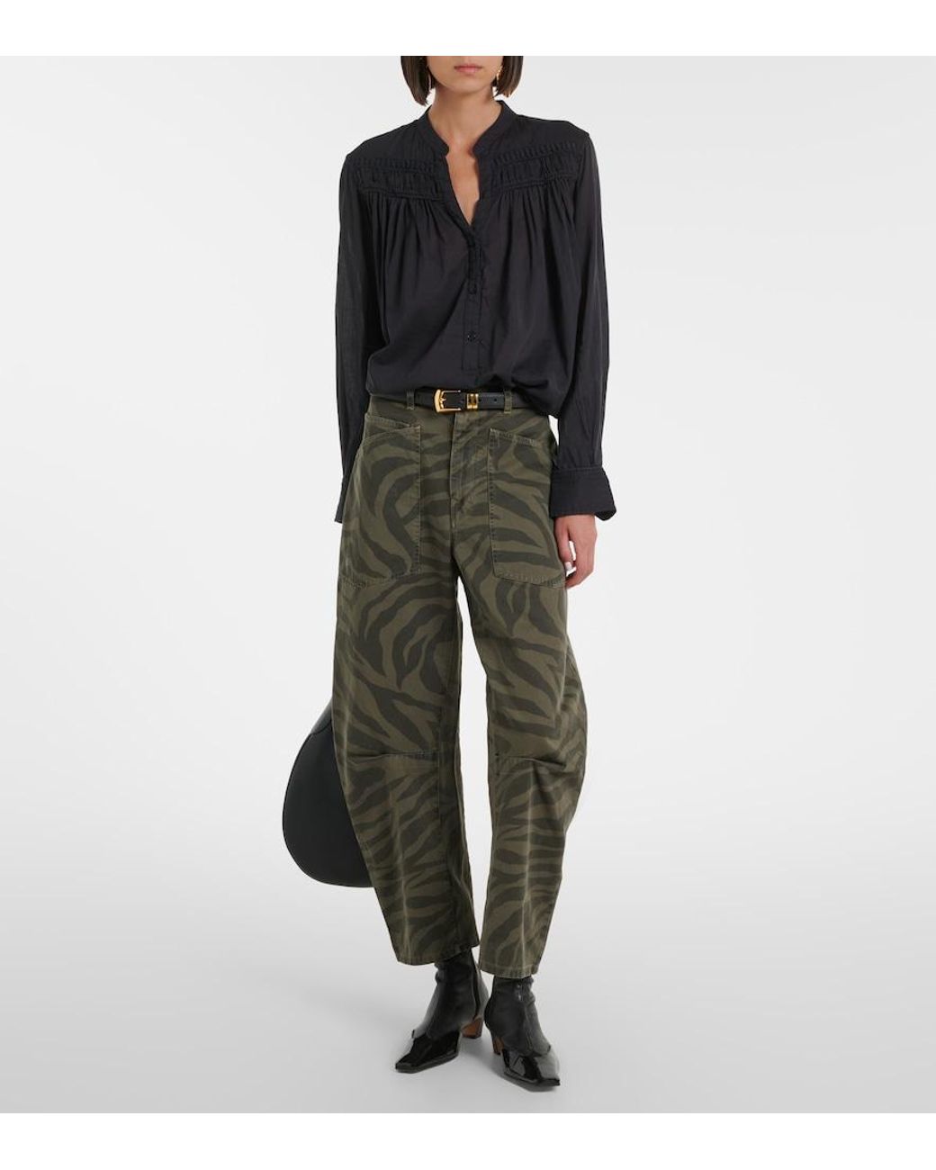 Nili Lotan Green Shon Cropped Barrel-Leg Jeans