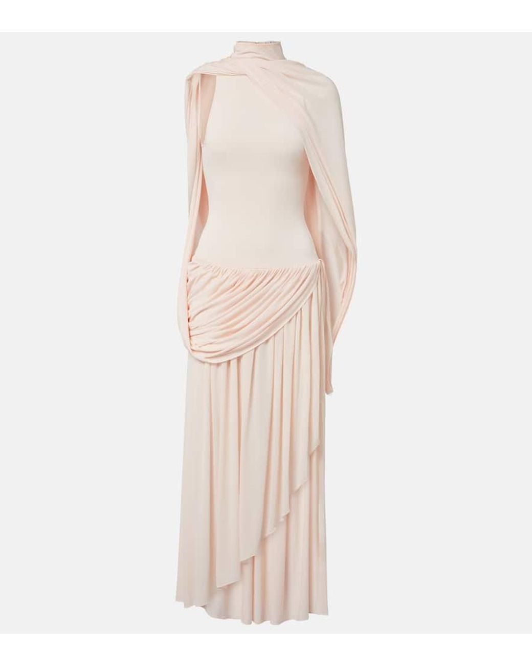 alaia draped dress in rhinestone jersey White Draped Jersey Dress with Rhinestones