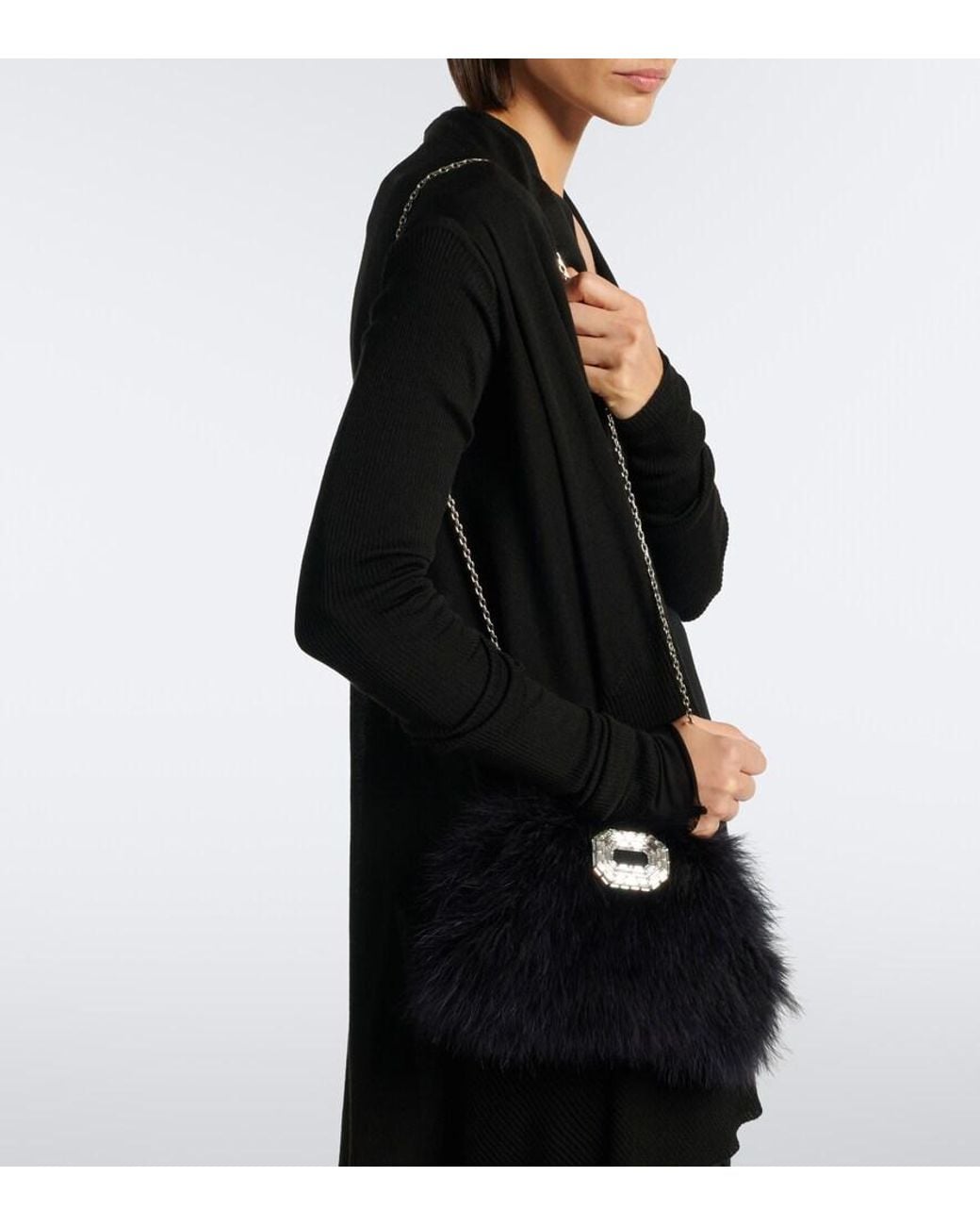 AMINA MUADDI Black Camelia Embellished Feather Clutch