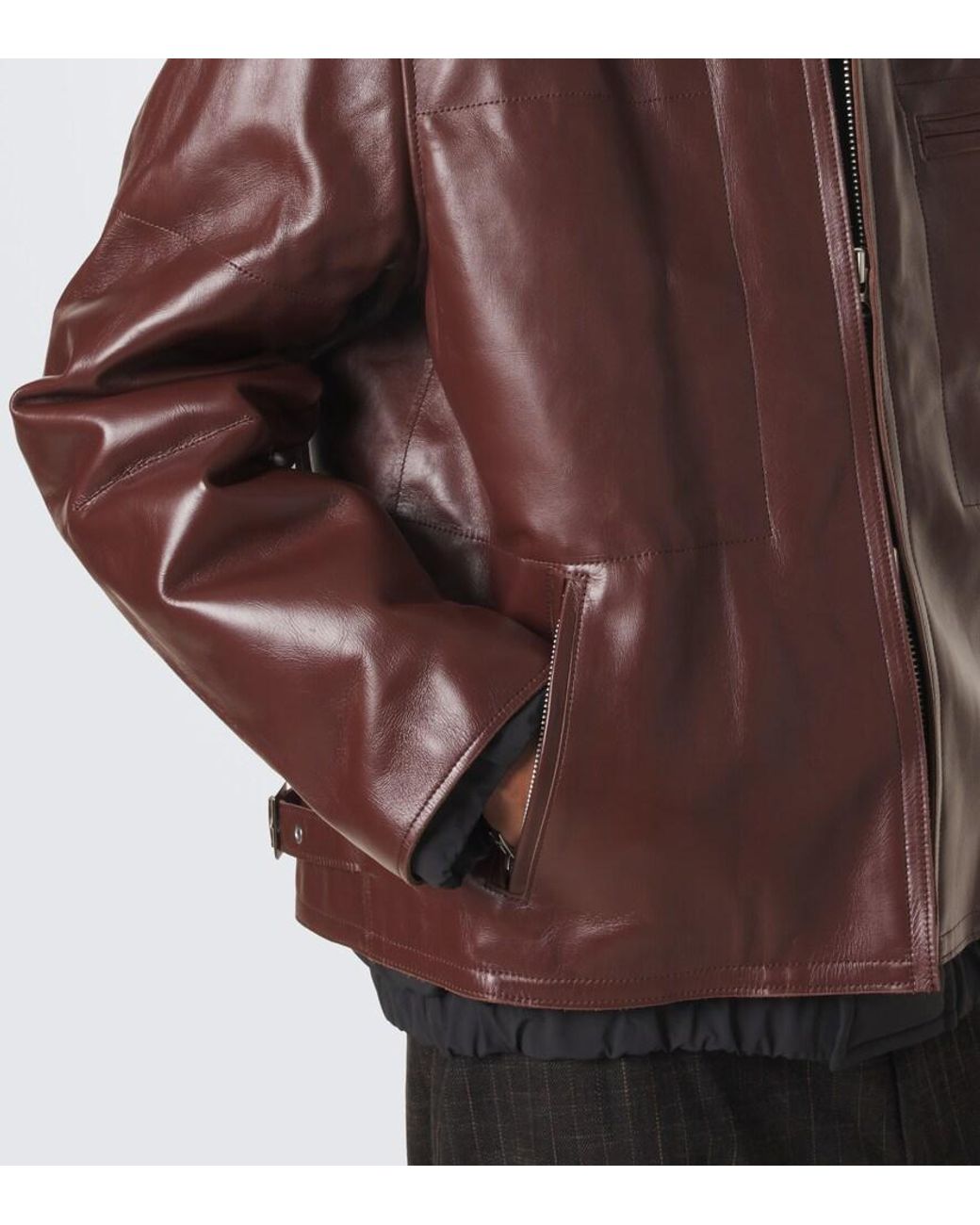 Sacai Brown Layered Leather Down Jacket for men