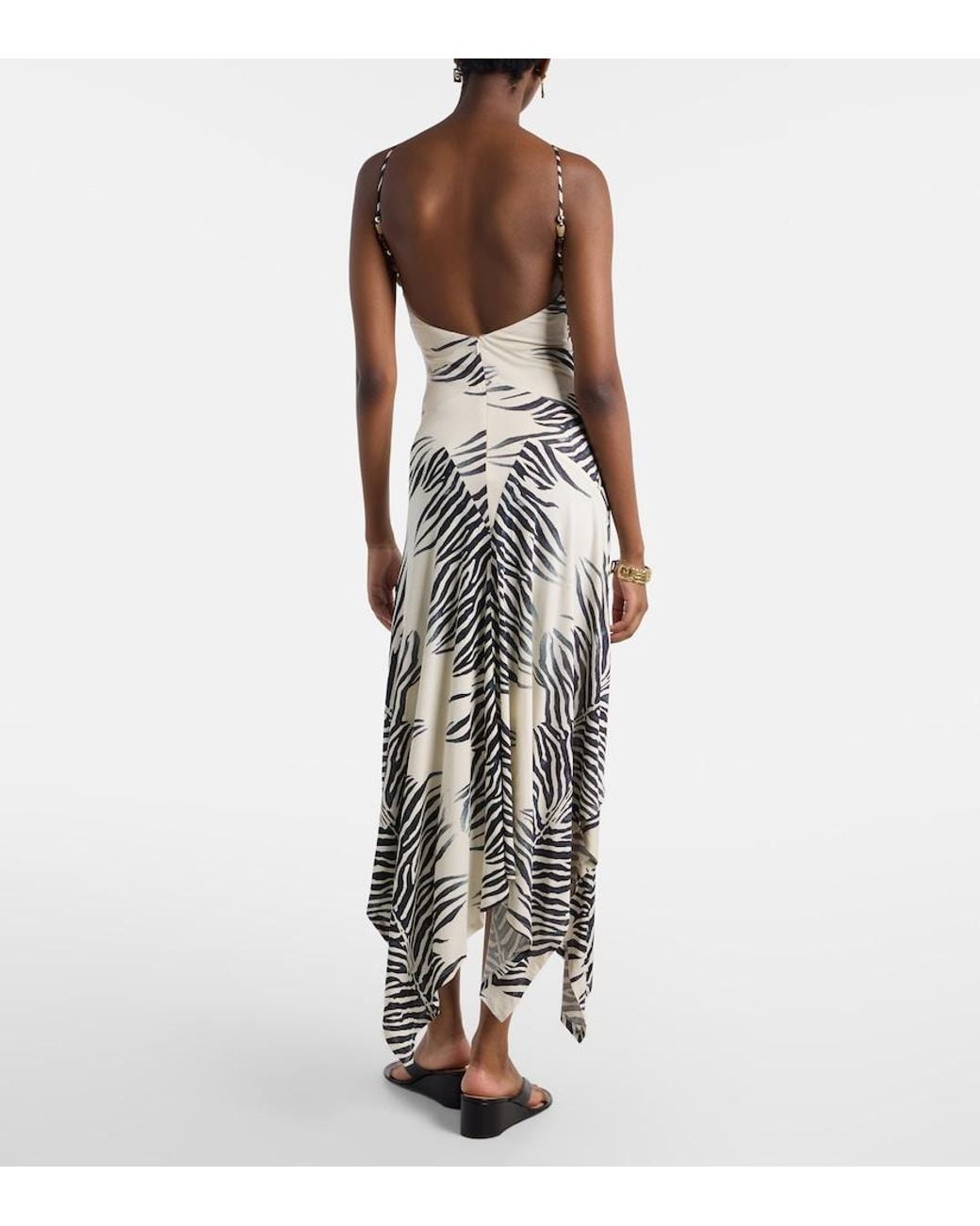 De La Vali Metallic Artemis Asymmetric Zebra-Print Gown