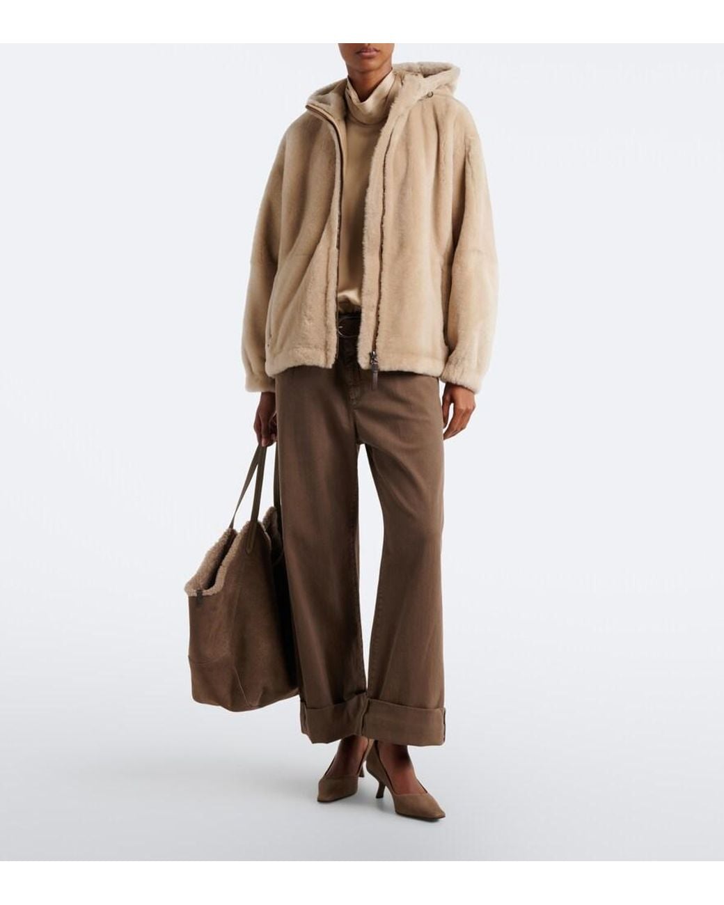 Brunello Cucinelli Natural Monili Hooded Shearling Jacket