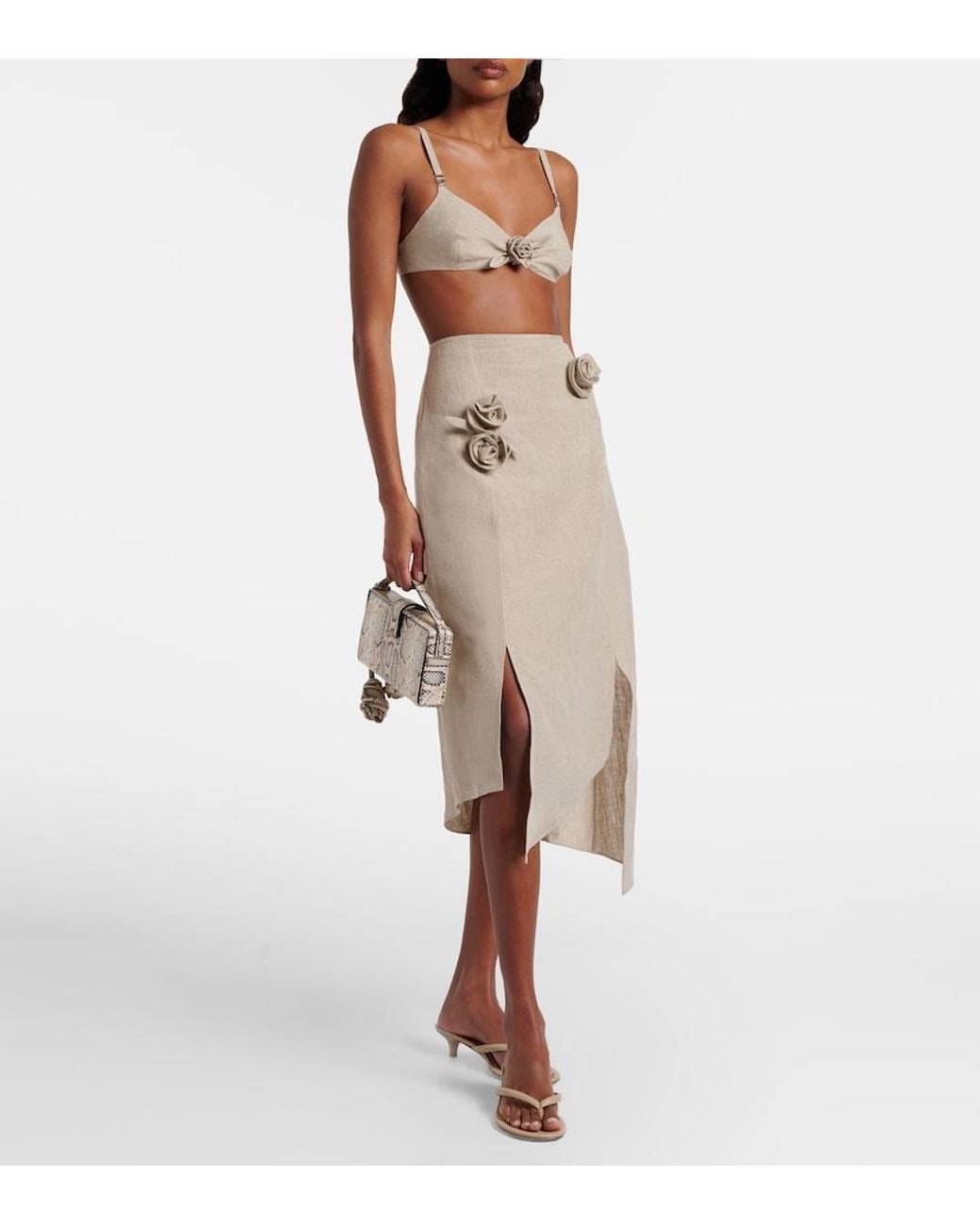 Coperni Natural Floral-Applique Asymmetric Linen Midi Skirt