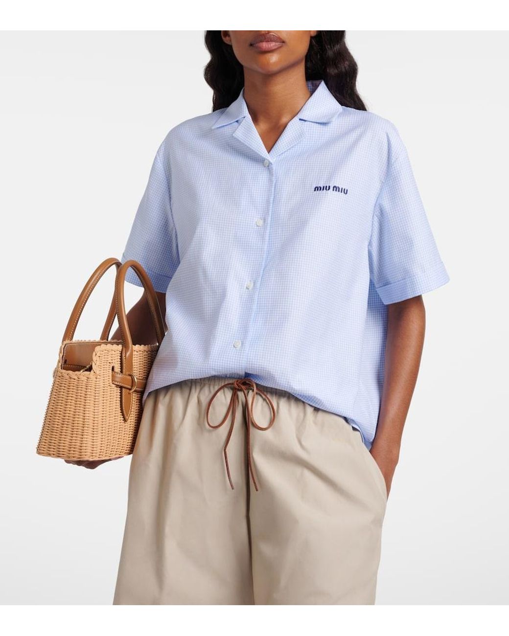 Miu Miu Blue Gingham Cotton Bowling Shirt