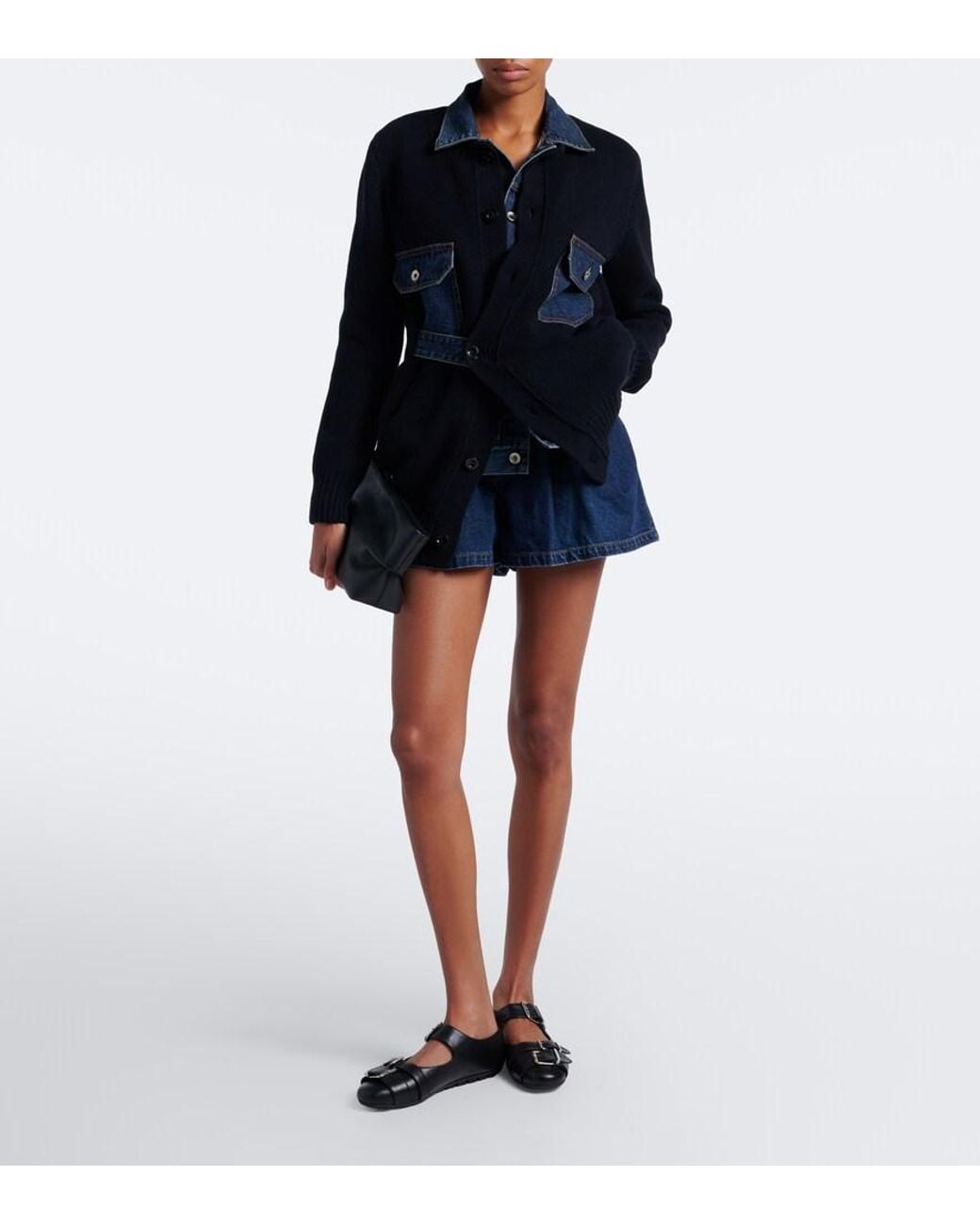 Sacai Blue Layered Wool-Blend And Denim Cardigan