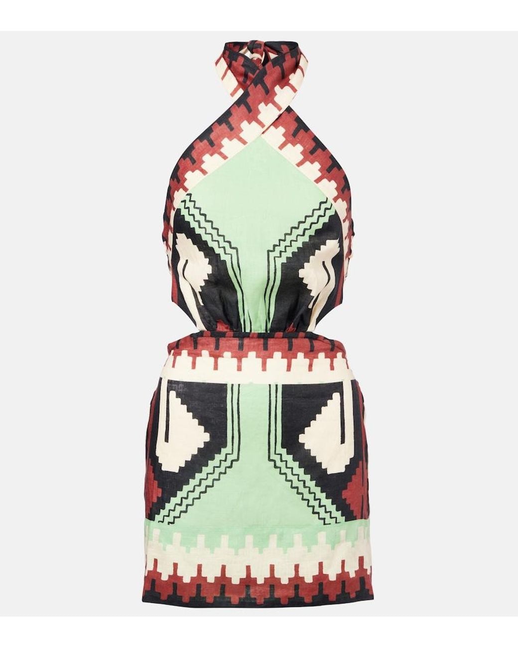 Johanna Ortiz Green Printed Halterneck Linen Minidress