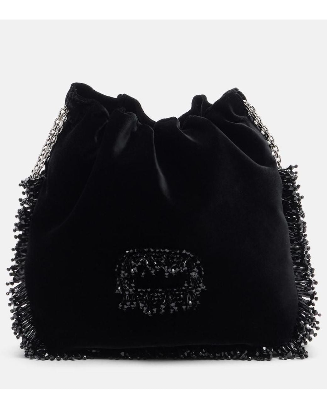 Roger Vivier Black Pilgrim Mini Beaded Velvet Bucket Bag