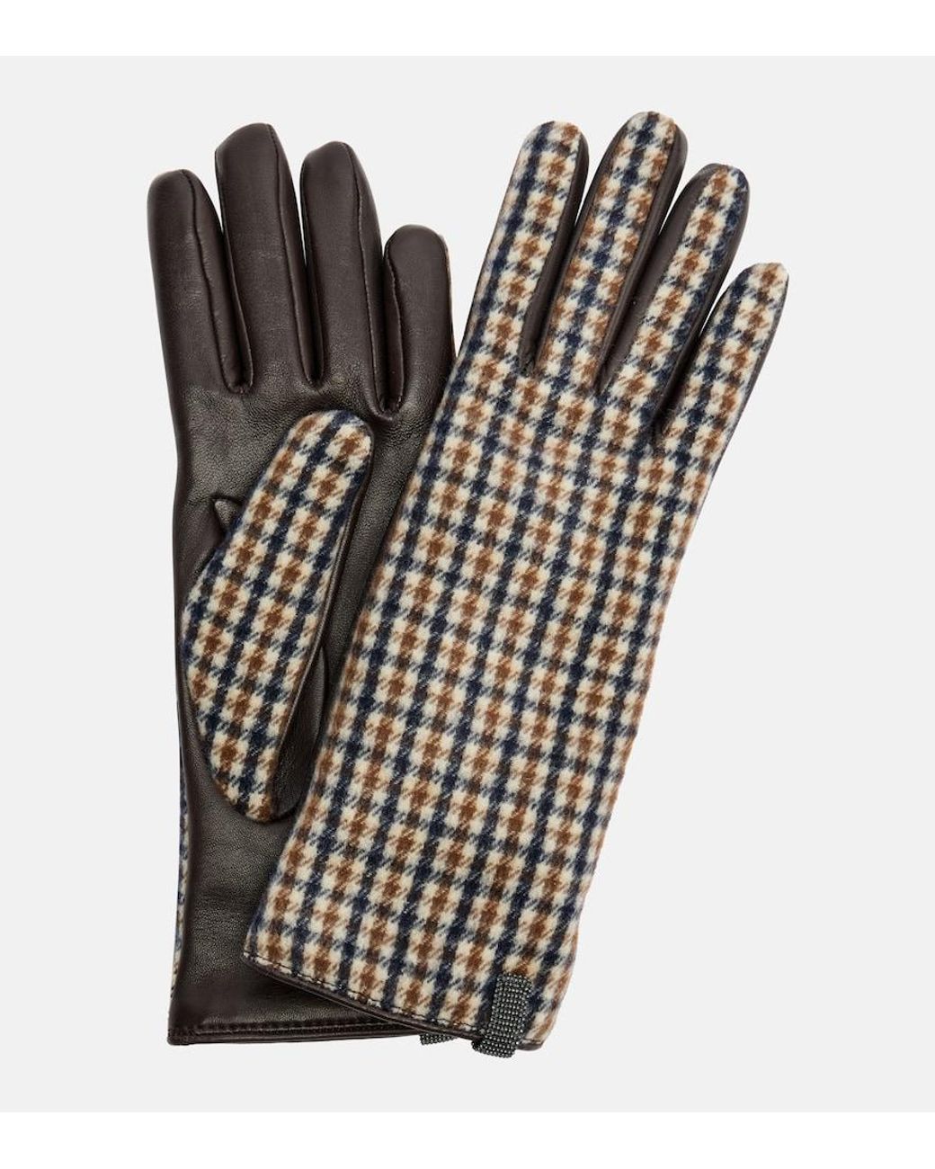 Brunello Cucinelli Black Monili Checked Virgin Wool And Leather Gloves