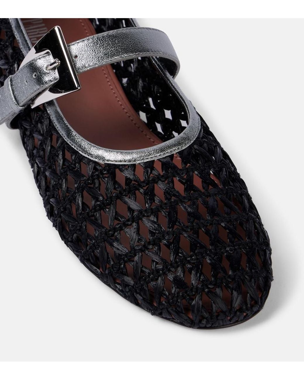 Paris Texas Black Sveva Buckle-Detail Raffia Ballet Flats