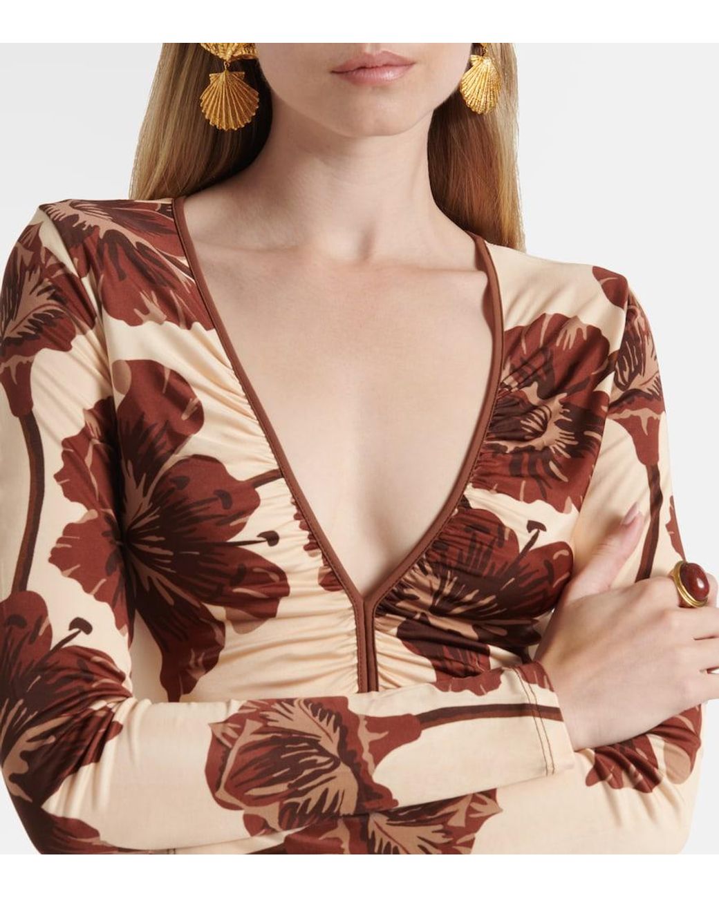 Johanna Ortiz Brown Floral Jersey Midi Dress